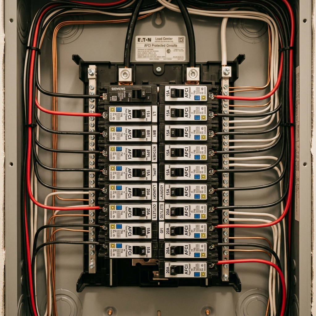 Close up of modern AFCI electrical panel