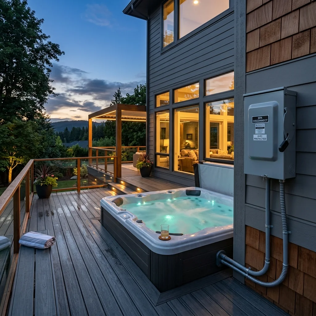 Modern outdoor residential hot tub with GFCI disconnect panel