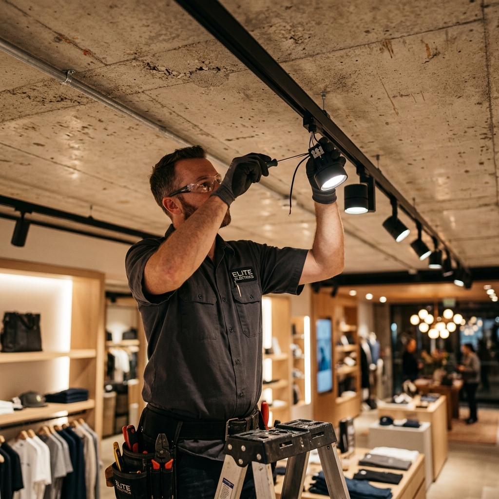Electrician installing retail track lighting